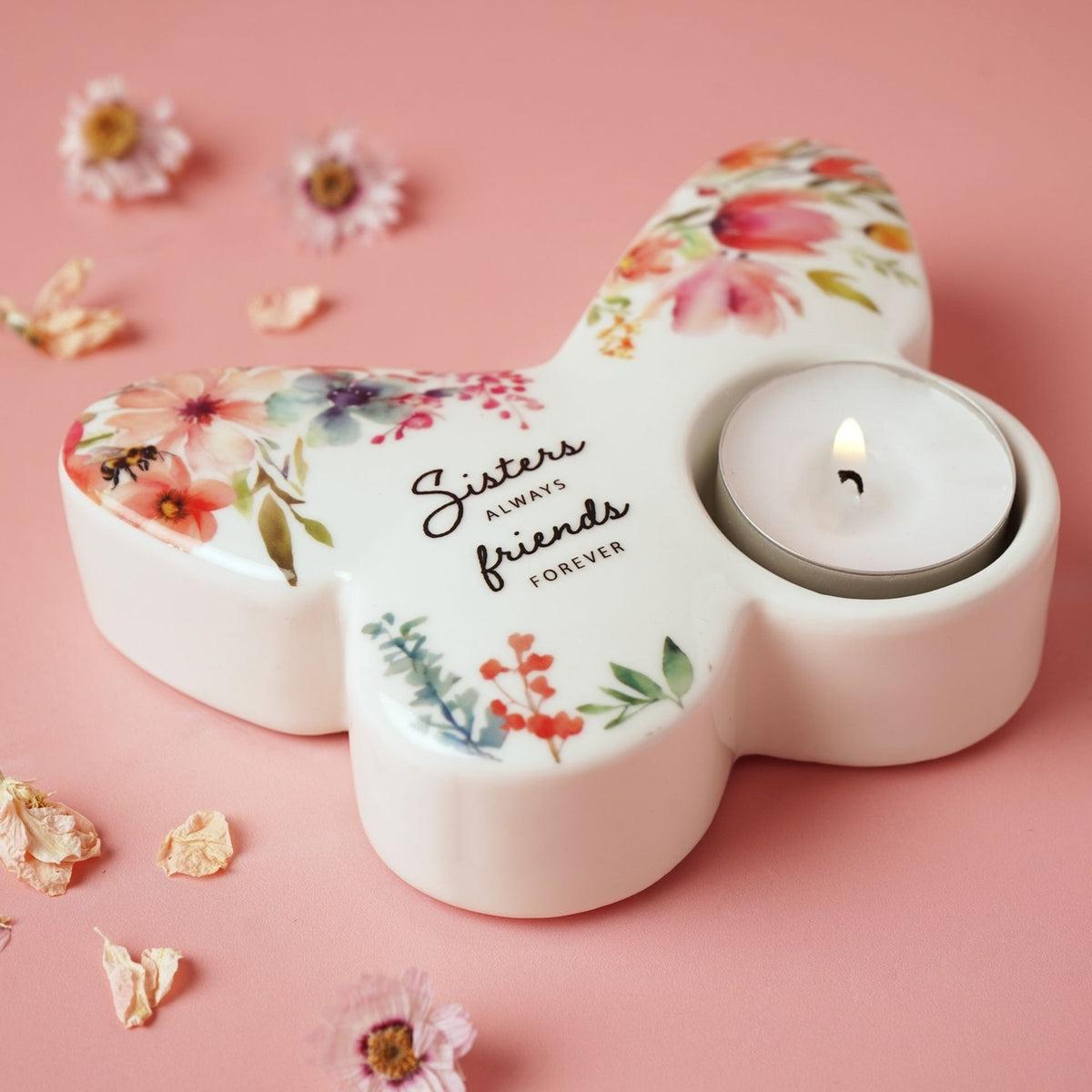 Sisters Floral Butterfly Glass Tealight Candle Holder - White