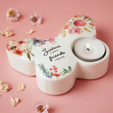 Sisters Floral Butterfly Glass Tealight Candle Holder - White
