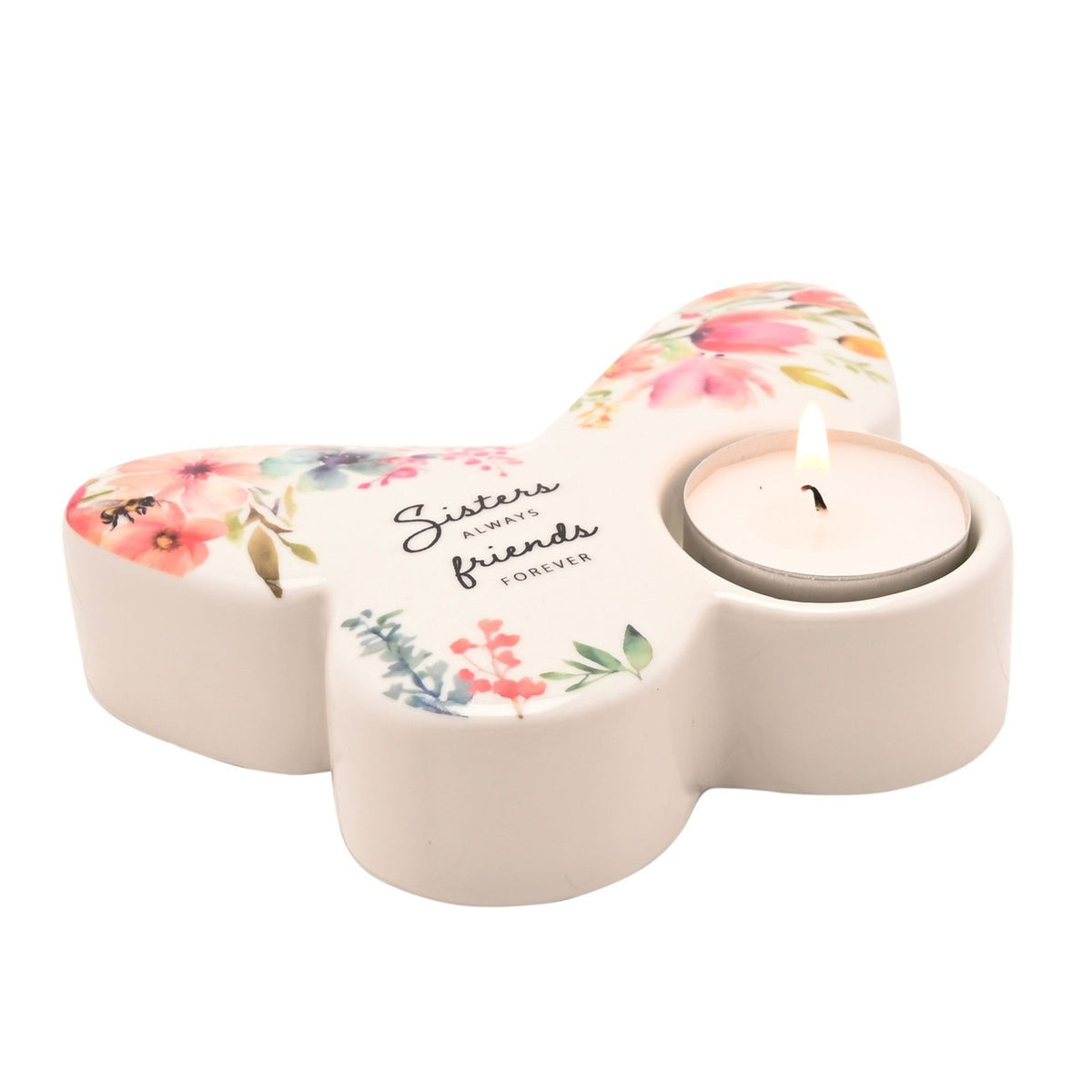 Sisters Floral Butterfly Glass Tealight Candle Holder - White