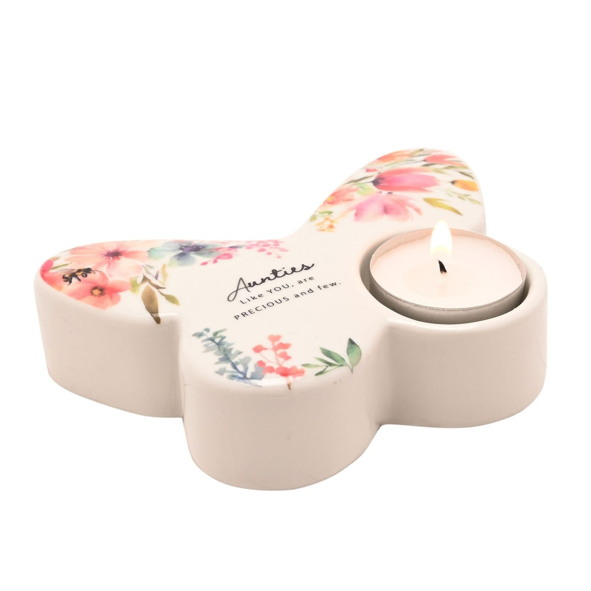 White glass butterfly-shaped tealight candle holder with watercolour floral print, "Aunties Like YOU, are PRECIOUS and few" text, and a lit tealight in one wing, on a white background.
