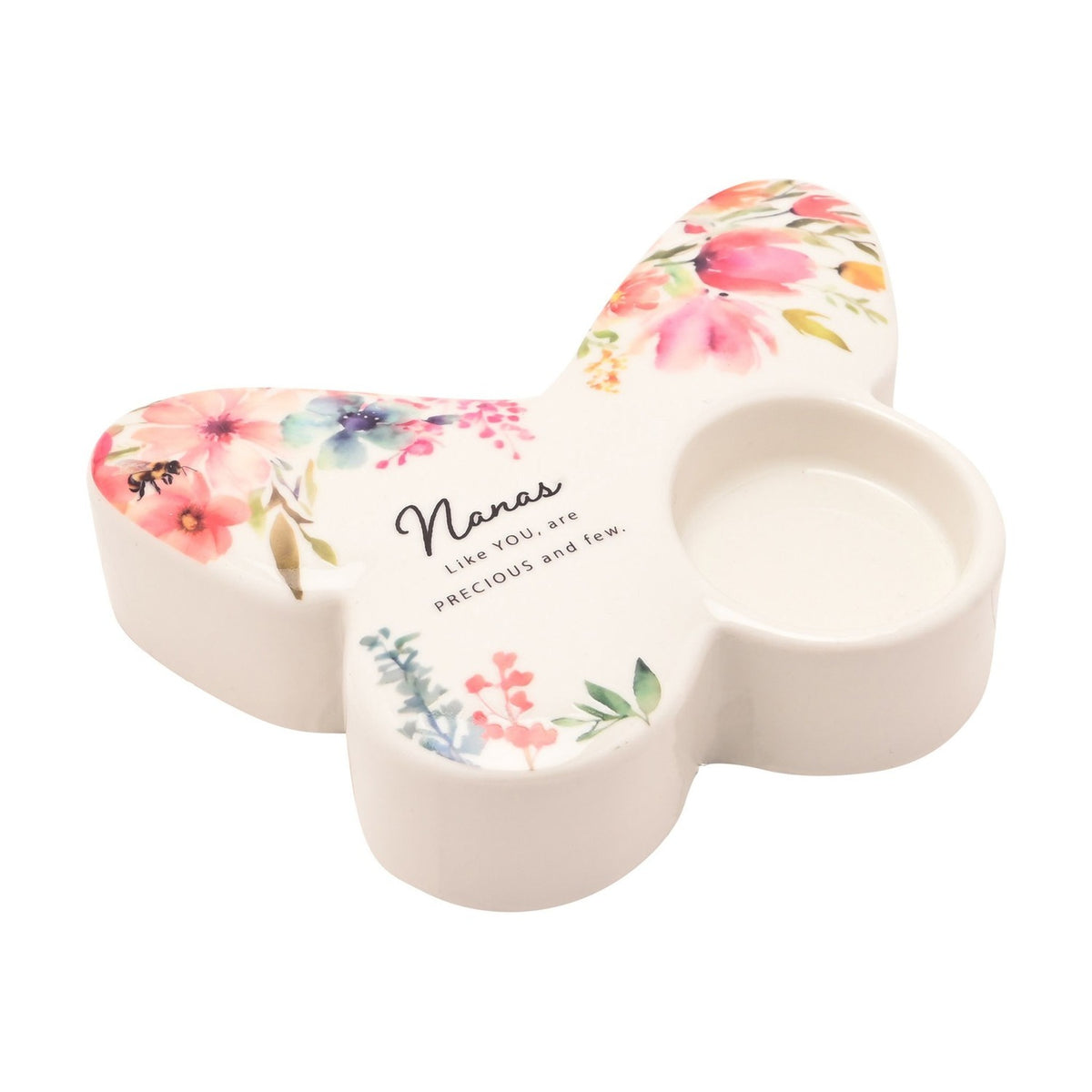 White glass butterfly-shaped tealight candle holder with pink and blue floral design, a tealight cup on one wing, and "Nanas Like YOU, are PRECIOUS and few" text.