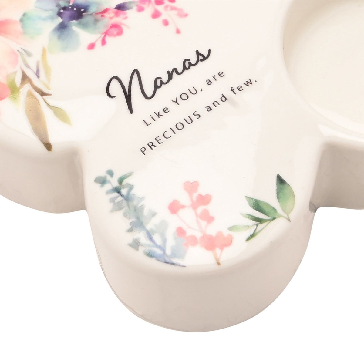 White glass butterfly tealight candle holder with watercolour floral design and "Nanas Like YOU, are PRECIOUS and few" script, close-up detail with tealight cup.