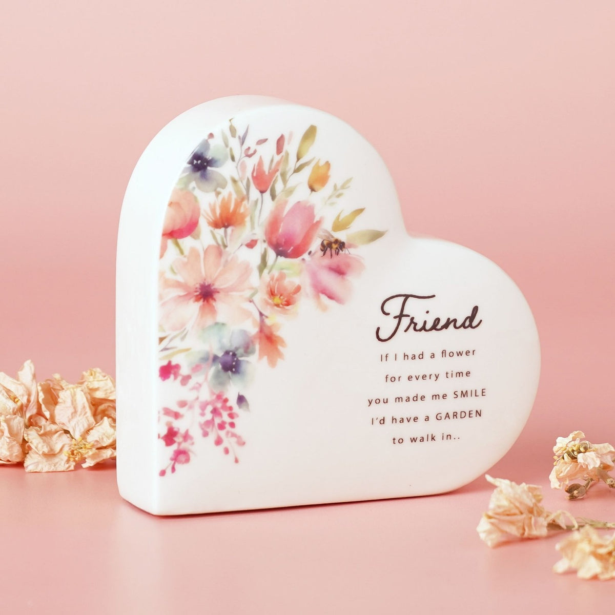 Friend Watercolour Floral Heart Ceramic Decoration - White