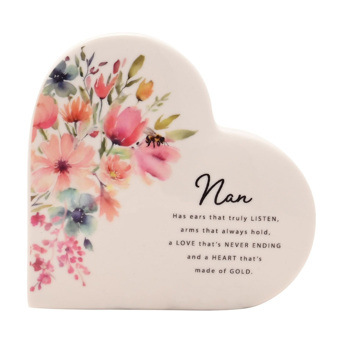 Nan Watercolour Floral Heart Ceramic Decoration - White