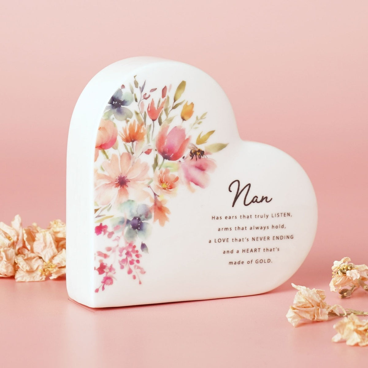 Nan Watercolour Floral Heart Ceramic Decoration - White