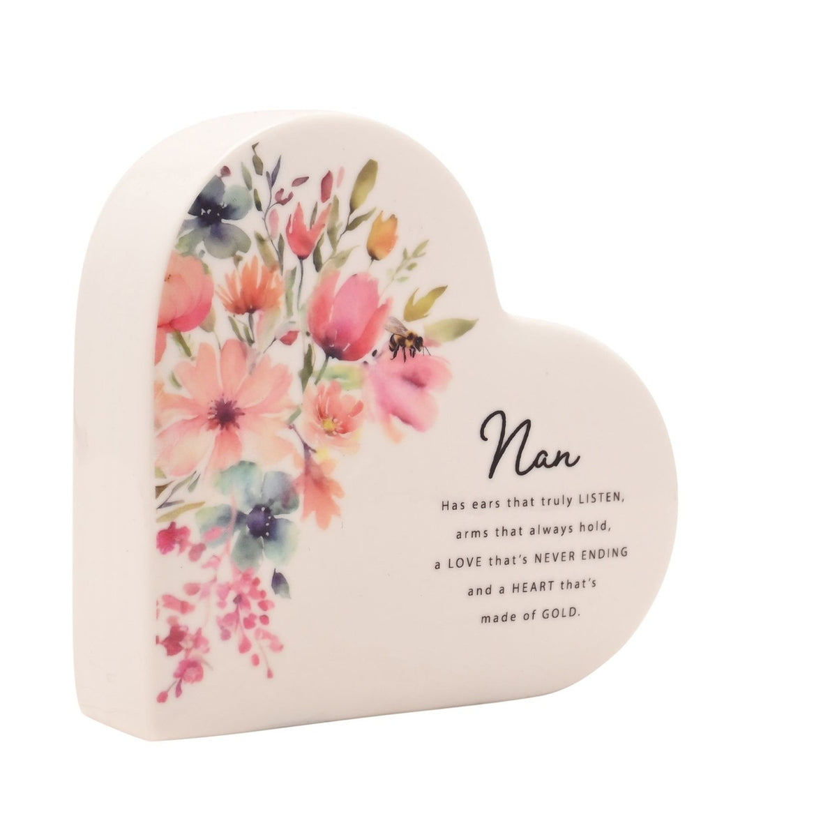 Nan Watercolour Floral Heart Ceramic Decoration - White