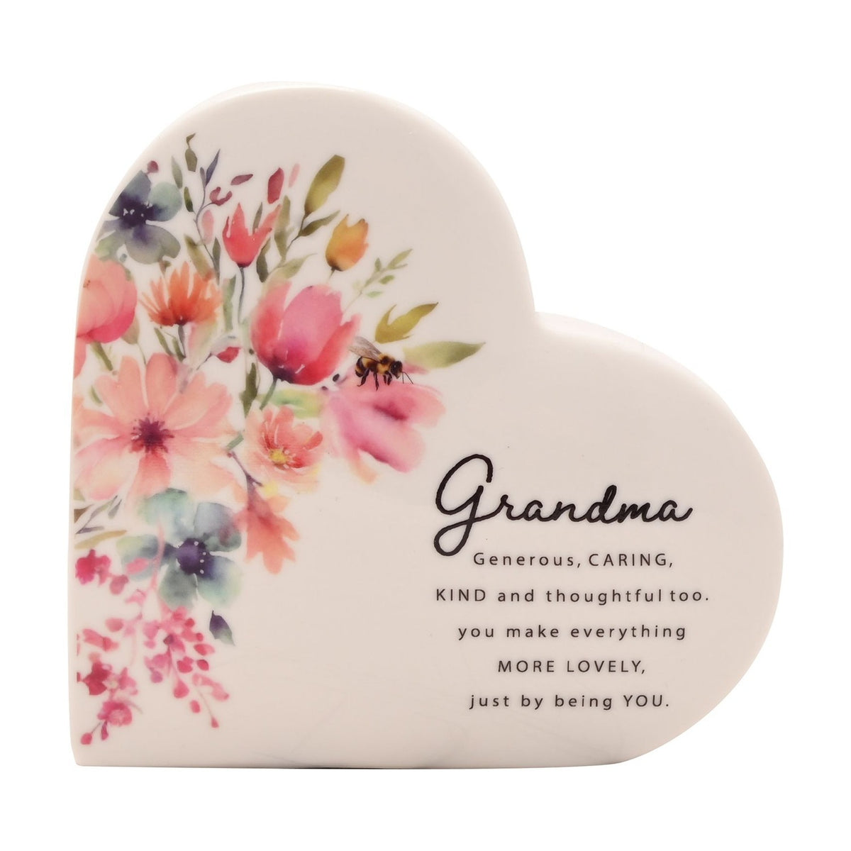 Grandma Watercolour Floral Ceramic Heart Decoration - White
