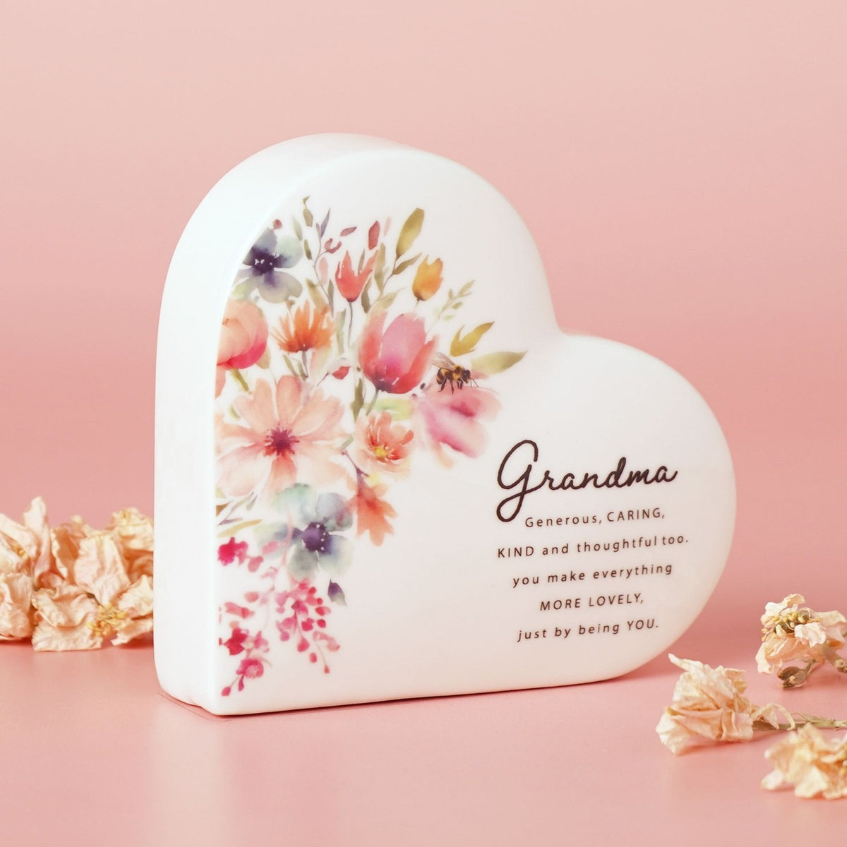 Grandma Watercolour Floral Ceramic Heart Decoration - White