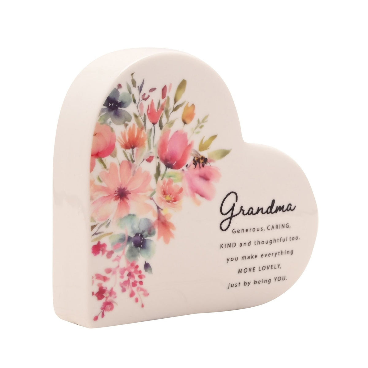 Grandma Watercolour Floral Ceramic Heart Decoration - White