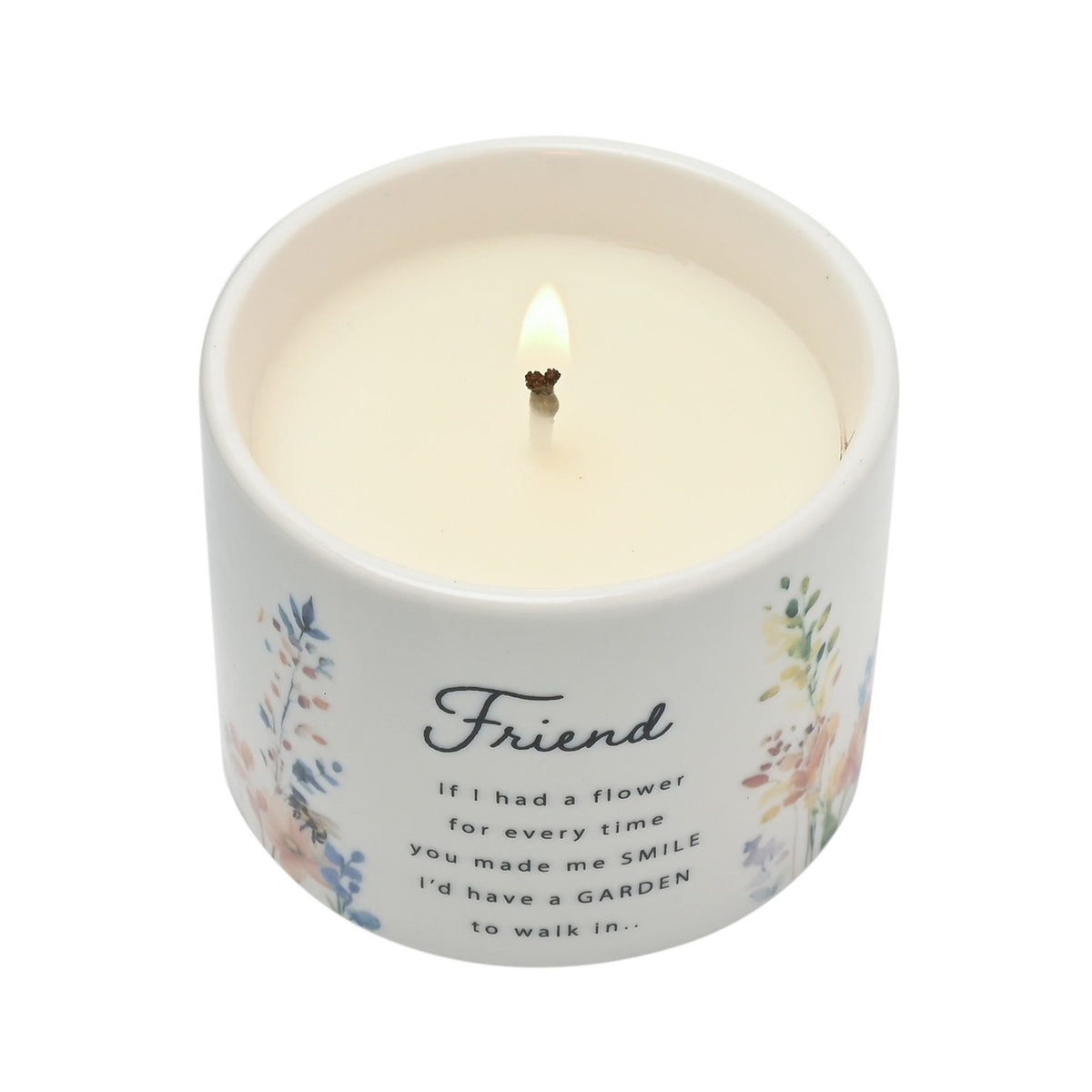 Friend Wildflower Ceramic Scented Candle 100g in an off-white round pot with watercolour floral print, lit wick, "Friend" script and verse, on a plain white background.