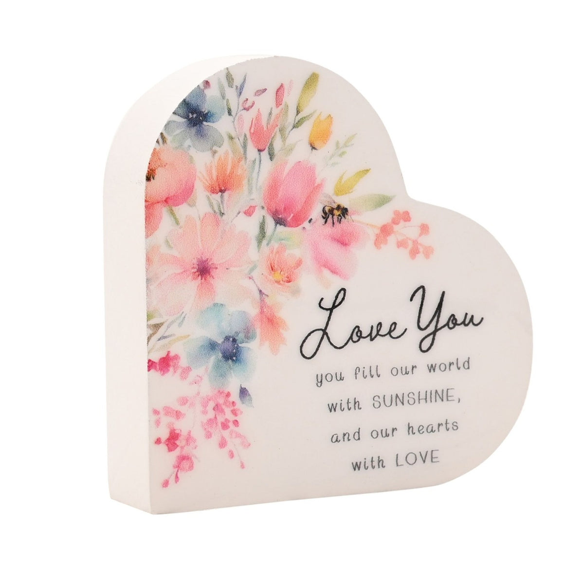 White wooden heart-shaped plaque with a pastel watercolour floral bouquet and bee, reading "Love You" in script above typewriter-style text, shown on a plain white background.