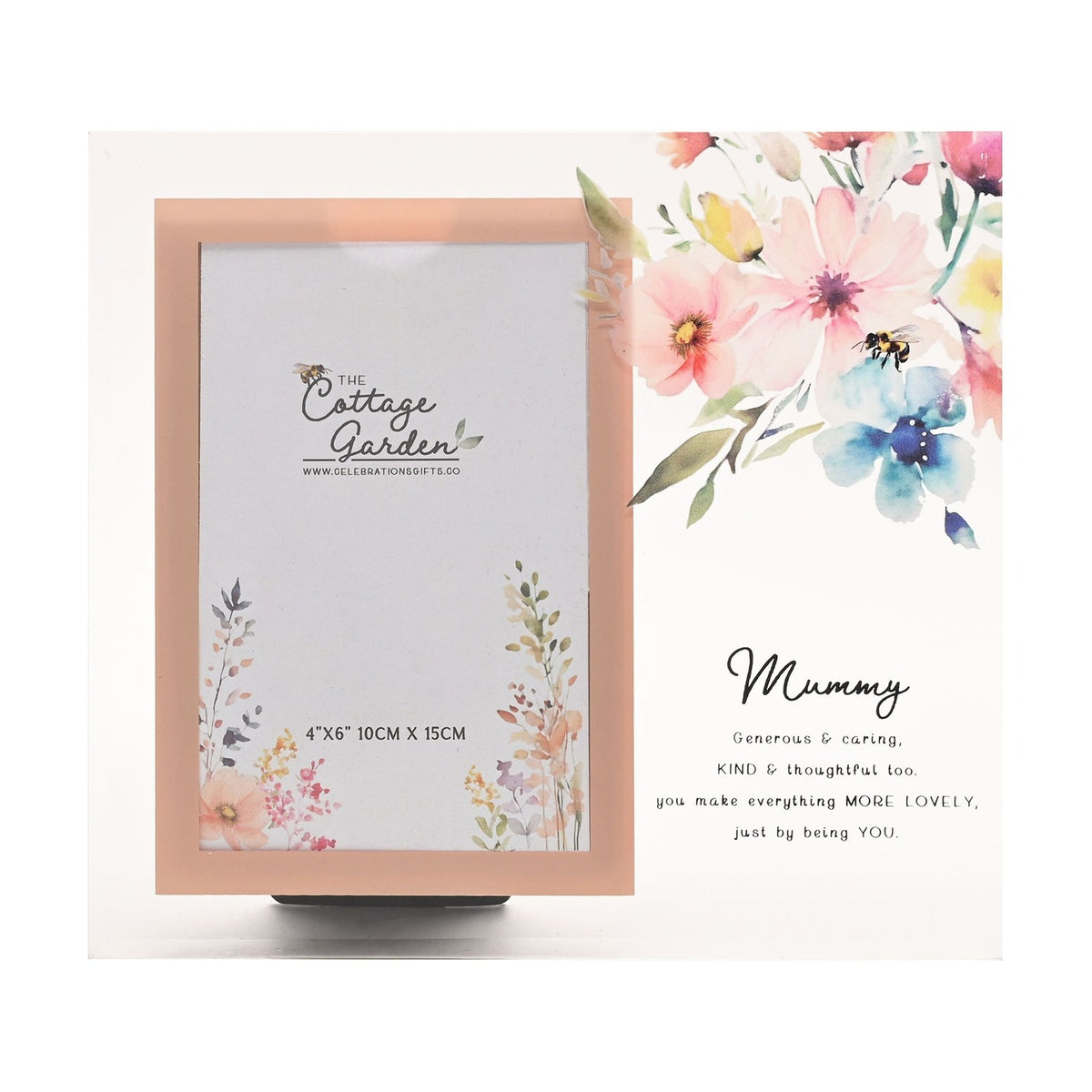 Mummy Verse Floral Glass Photo Frame in clear and rose gold, 4x6in, with watercolour floral corner design, bee detail, and "Mummy" verse text.