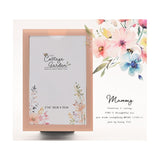 Mummy Verse Floral Glass Photo Frame in clear and rose gold, 4x6in, with watercolour floral corner design, bee detail, and "Mummy" verse text.