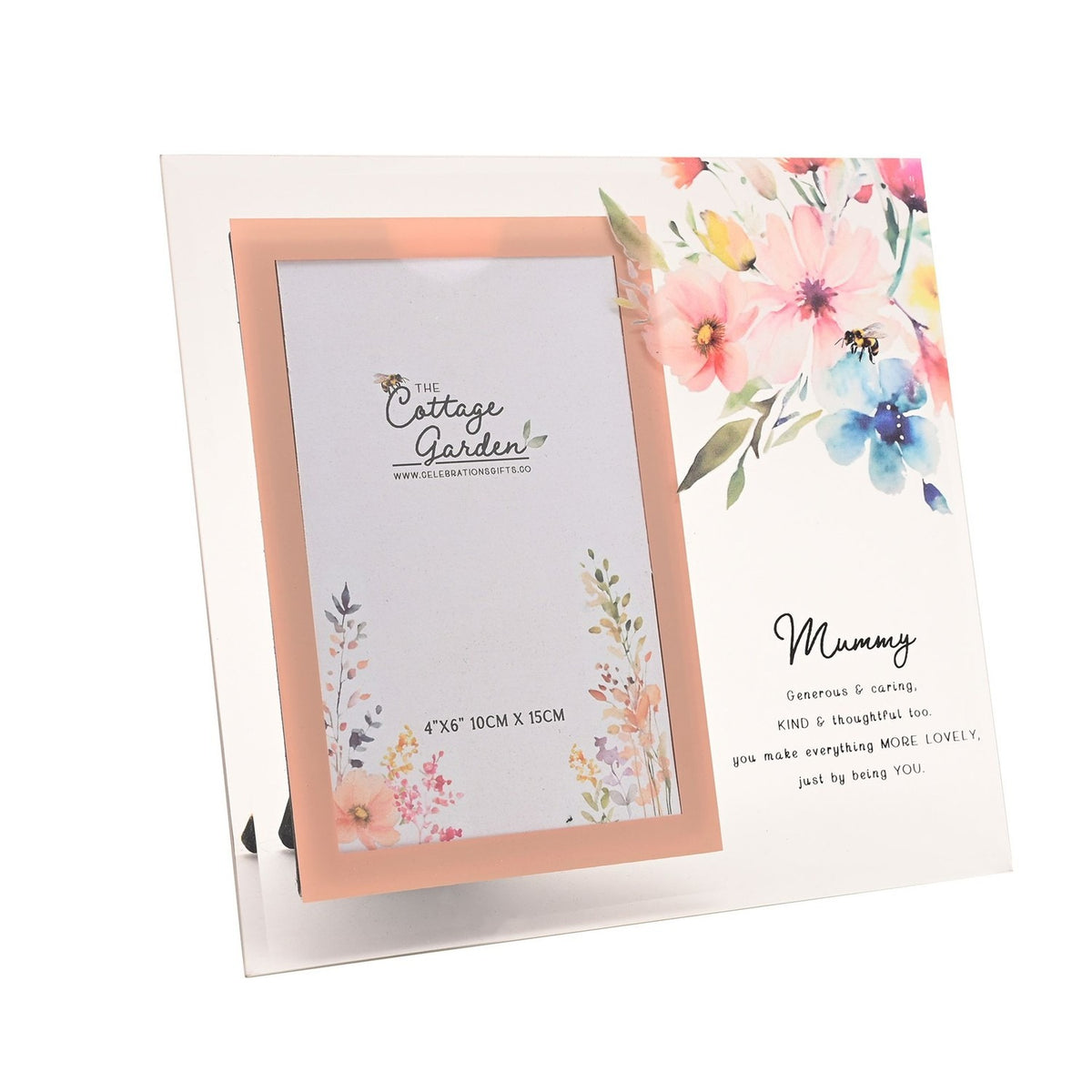 Glass photo frame for a 4"x6" photo with clear front, rose-gold inner border, watercolour floral corner design, and "Mummy" verse text, shown on a white background.