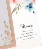 Close-up of Mummy Verse Floral Glass Photo Frame in clear and rose gold, showing watercolour florals and a printed sentimental verse beneath the script "Mummy" wording.