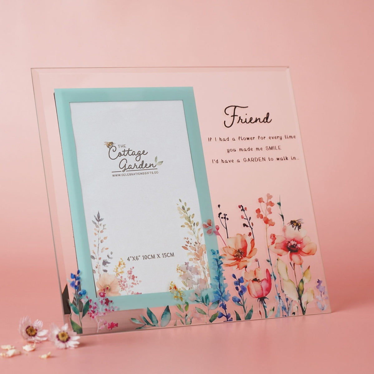 Friend Floral Freestanding Glass Photo Frame 6 x 4in - Clear
