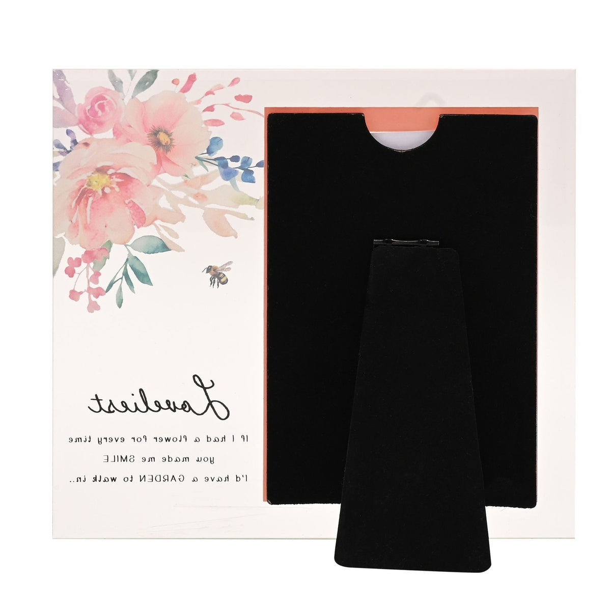 Loveliest Floral Bee Freestanding Glass Photo Frame in pink, with a watercolour floral and bee design, black velvet easel back, and "Loveliest" script text, shown on a plain white background.