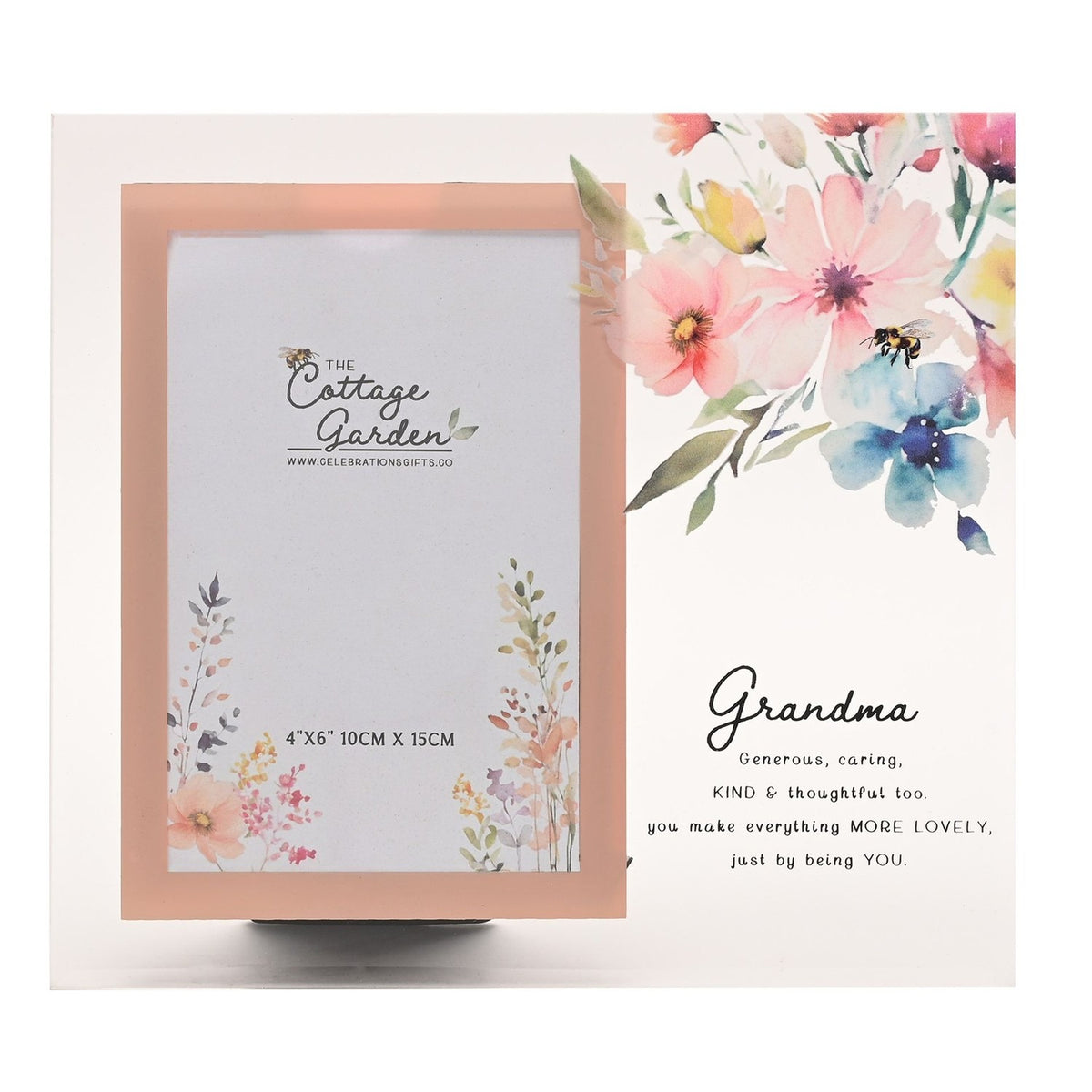 Clear glass photo frame with peach-bordered 6 x 4in opening, watercolour floral and bee design, and script "Grandma" verse beside the picture space.