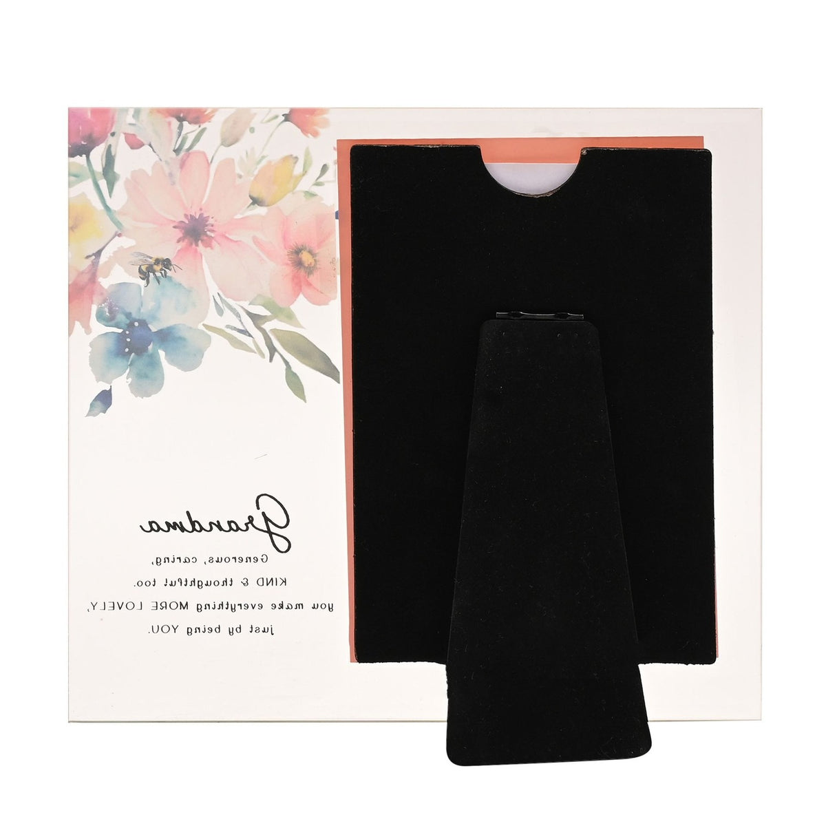 Grandma Floral and Bee glass photo frame, 6 x 4in, with black velvet stand shown separately, holding a rectangular photo opening beside a peach-bordered floral and bee design with printed verse.