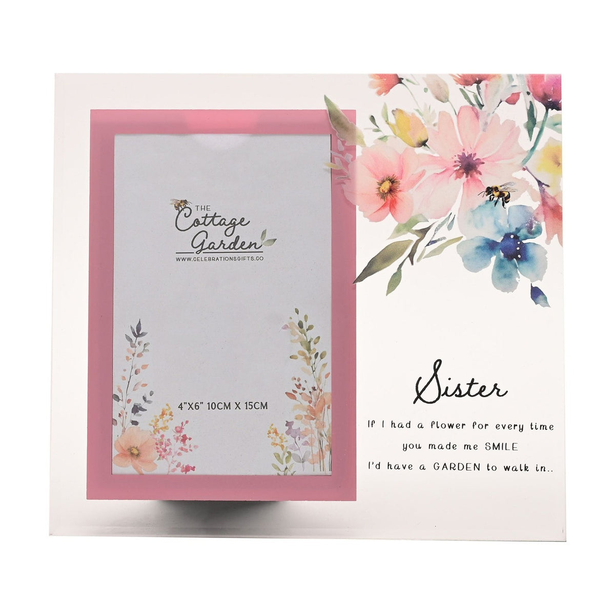 Sister Floral Freestanding Glass Photo Frame - Clear & Pink