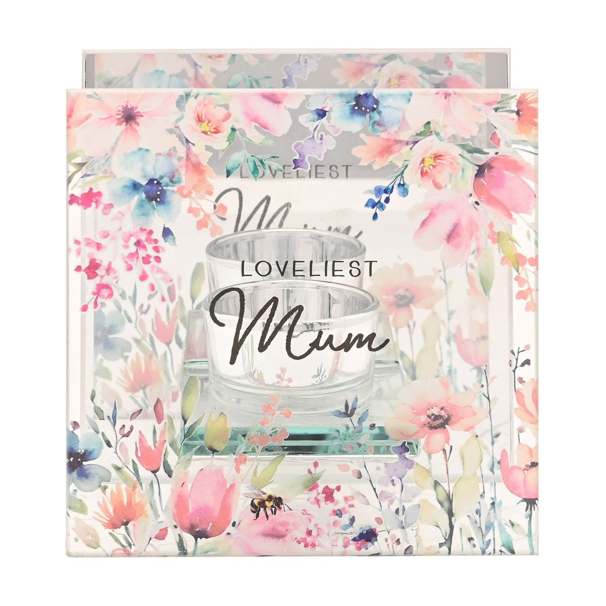 Loveliest Mum square glass tealight candle holder with pink and blue watercolour floral print, bumblebee detail, mirrored back panel and clear glass tealight cup.