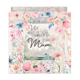 Loveliest Mum square glass tealight candle holder with pink and blue watercolour floral print, bumblebee detail, mirrored back panel and clear glass tealight cup.