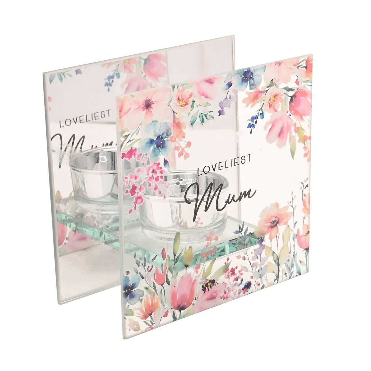 Square glass tealight candle holder with "Loveliest Mum" script, pink and blue floral design, mirrored back panel and clear glass tealight cup, on a white background.