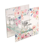Square glass tealight candle holder with "Loveliest Mum" script, pink and blue floral design, mirrored back panel and clear glass tealight cup, on a white background.