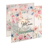 Square glass tealight candle holder printed with pink and blue watercolour flowers and a bumblebee, reading "Loveliest Mum," with a mirrored back panel and glowing tealights, on a white background.