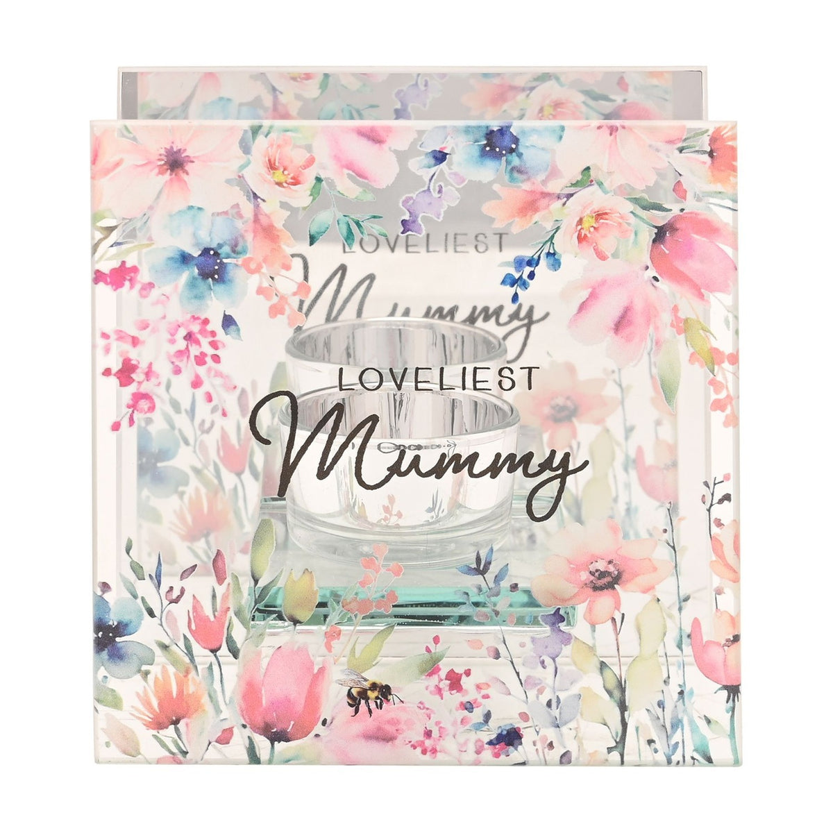 Square clear glass tealight candle holder printed with pastel watercolour wildflowers and a bumblebee, reading "Loveliest Mummy", set against a plain white background.