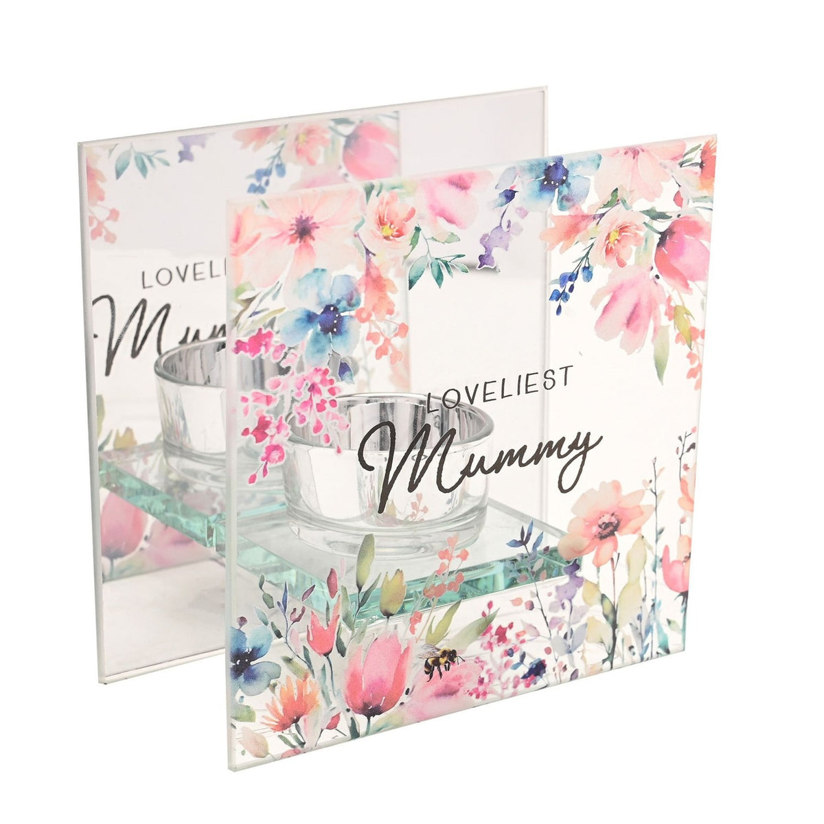 Square glass tealight candle holder printed with "LOVELIEST Mummy" and pastel watercolour florals, clear glass panels on a glass base, shown on a white background.