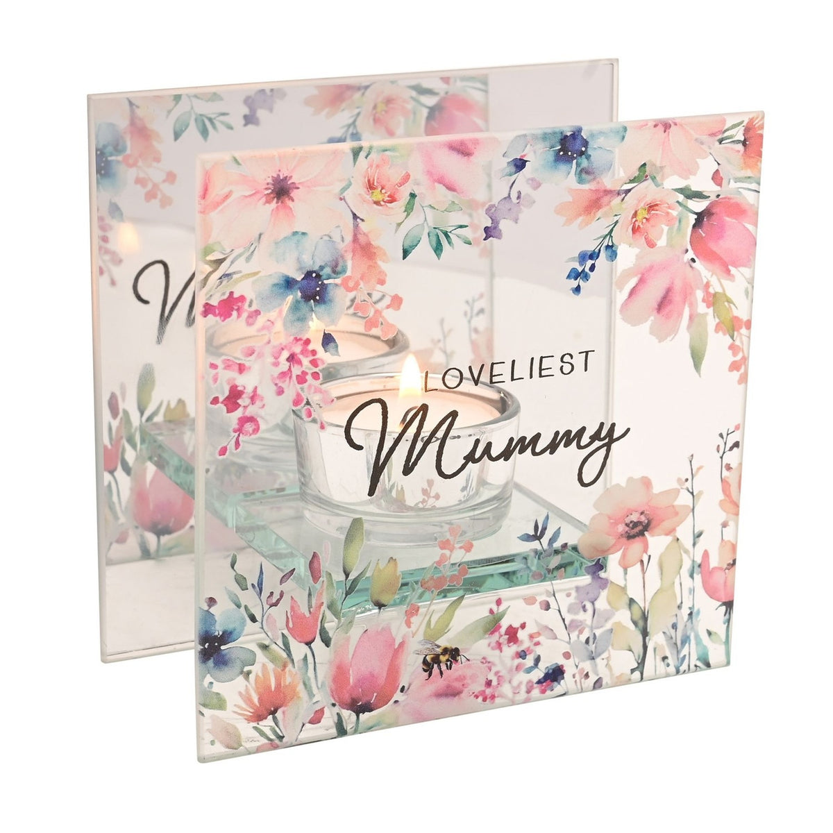 Square clear glass tealight candle holder printed with pastel floral watercolour blooms and "LOVELIEST Mummy" text, shown lit on a plain white background.