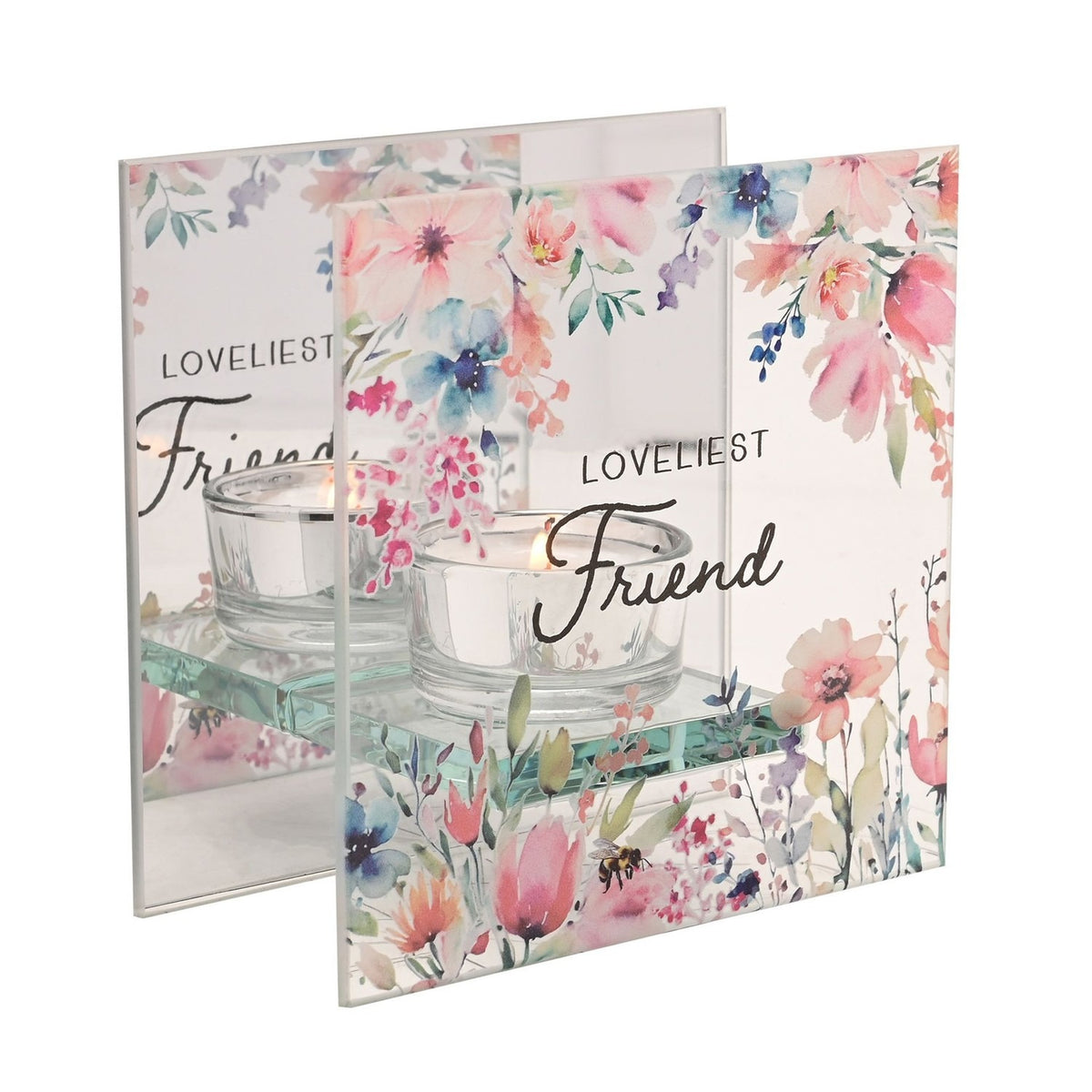 Square glass tealight candle holder with "Loveliest Friend" script, floral watercolour design in pink, blue and peach, clear round tealight cup on a glass ledge, plain white background.