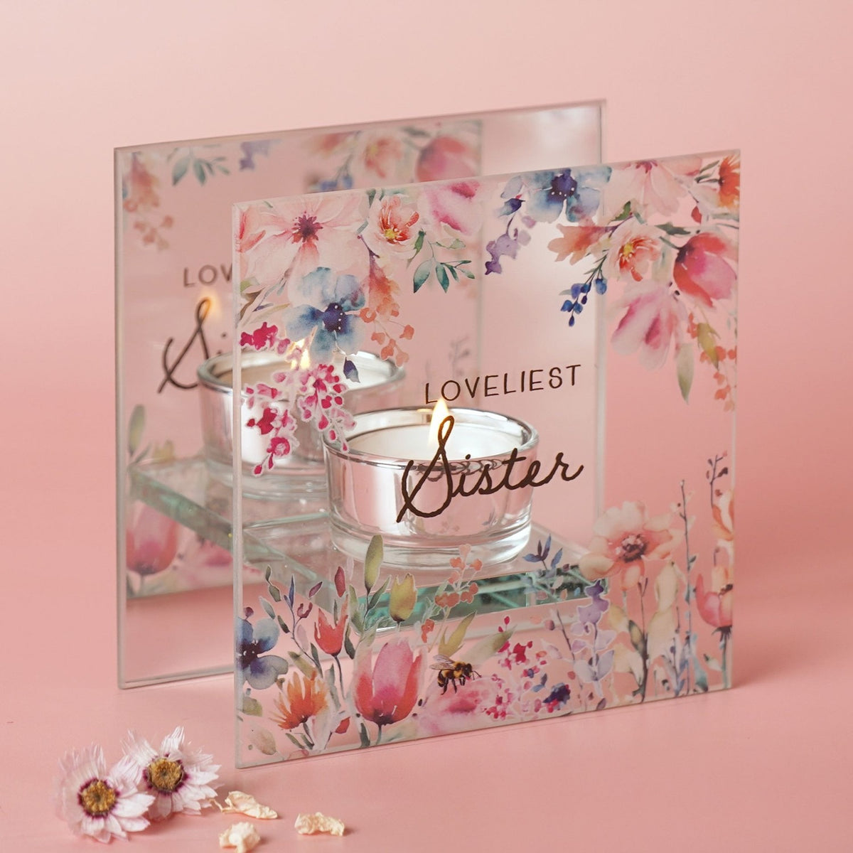 Loveliest Sister Floral Glass Tealight Candle Holder - Clear