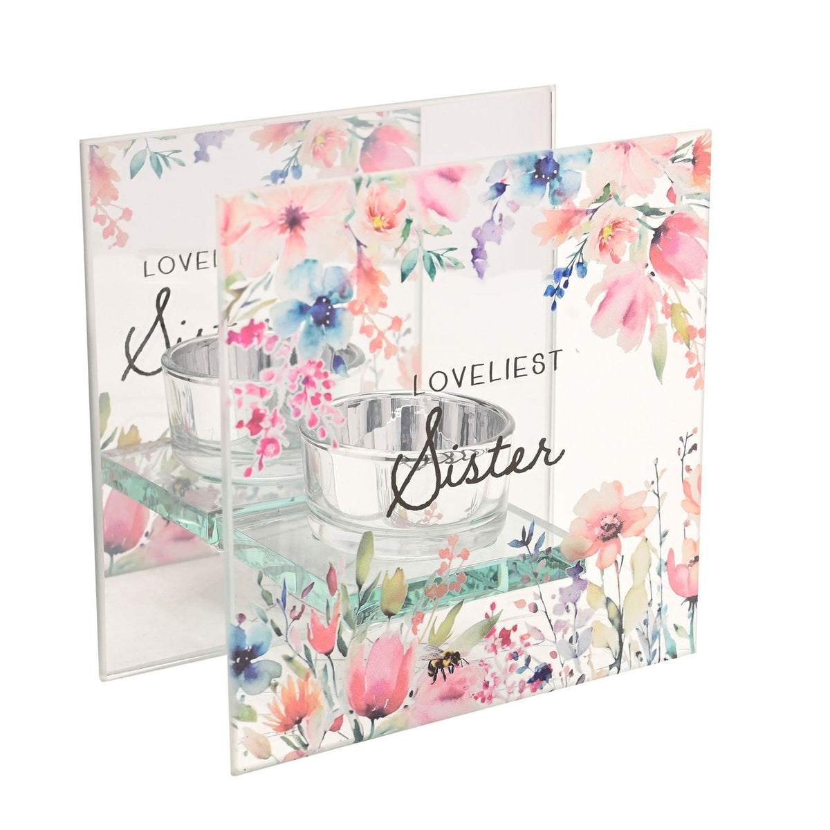 Loveliest Sister Floral Glass Tealight Candle Holder - Clear