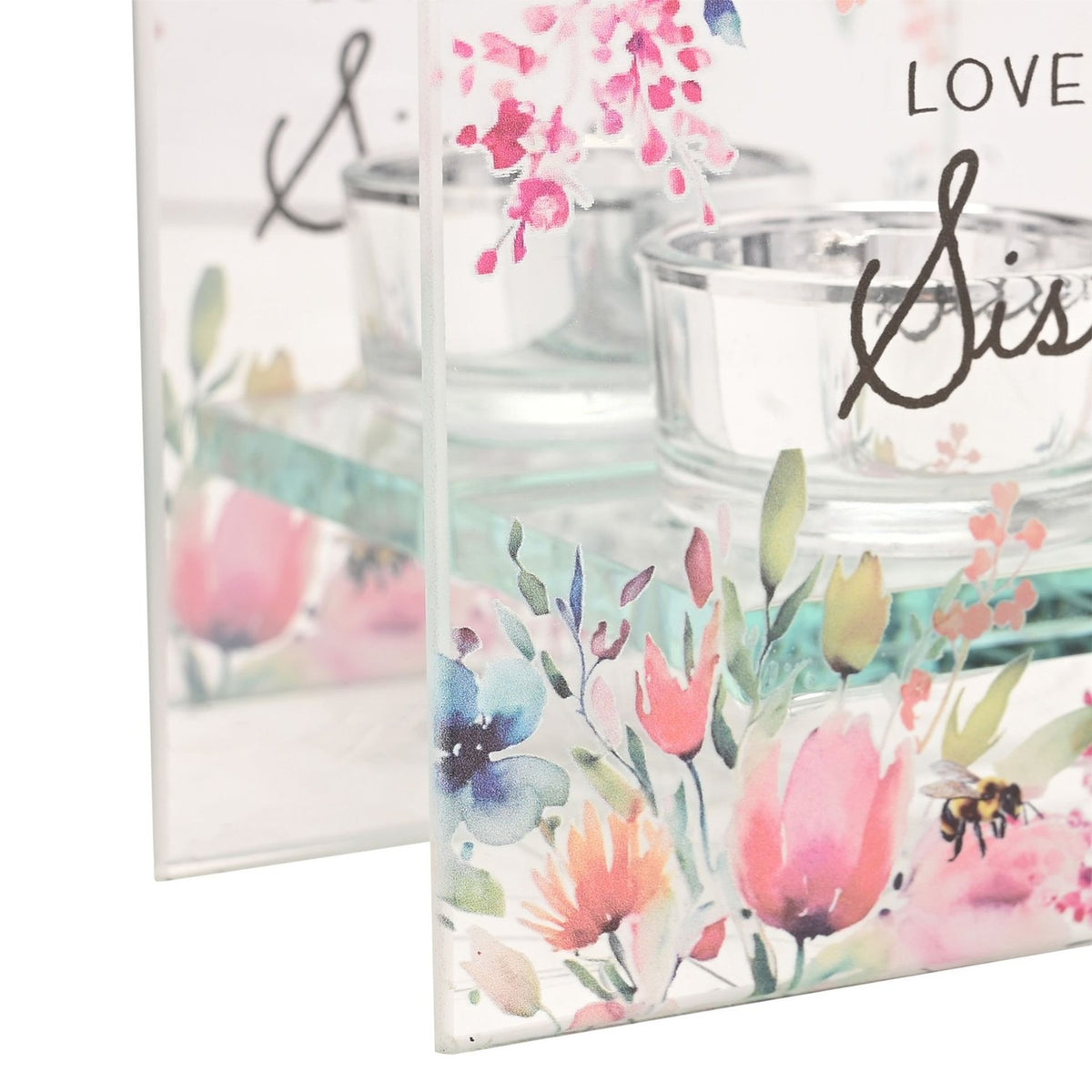 Loveliest Sister Floral Glass Tealight Candle Holder - Clear