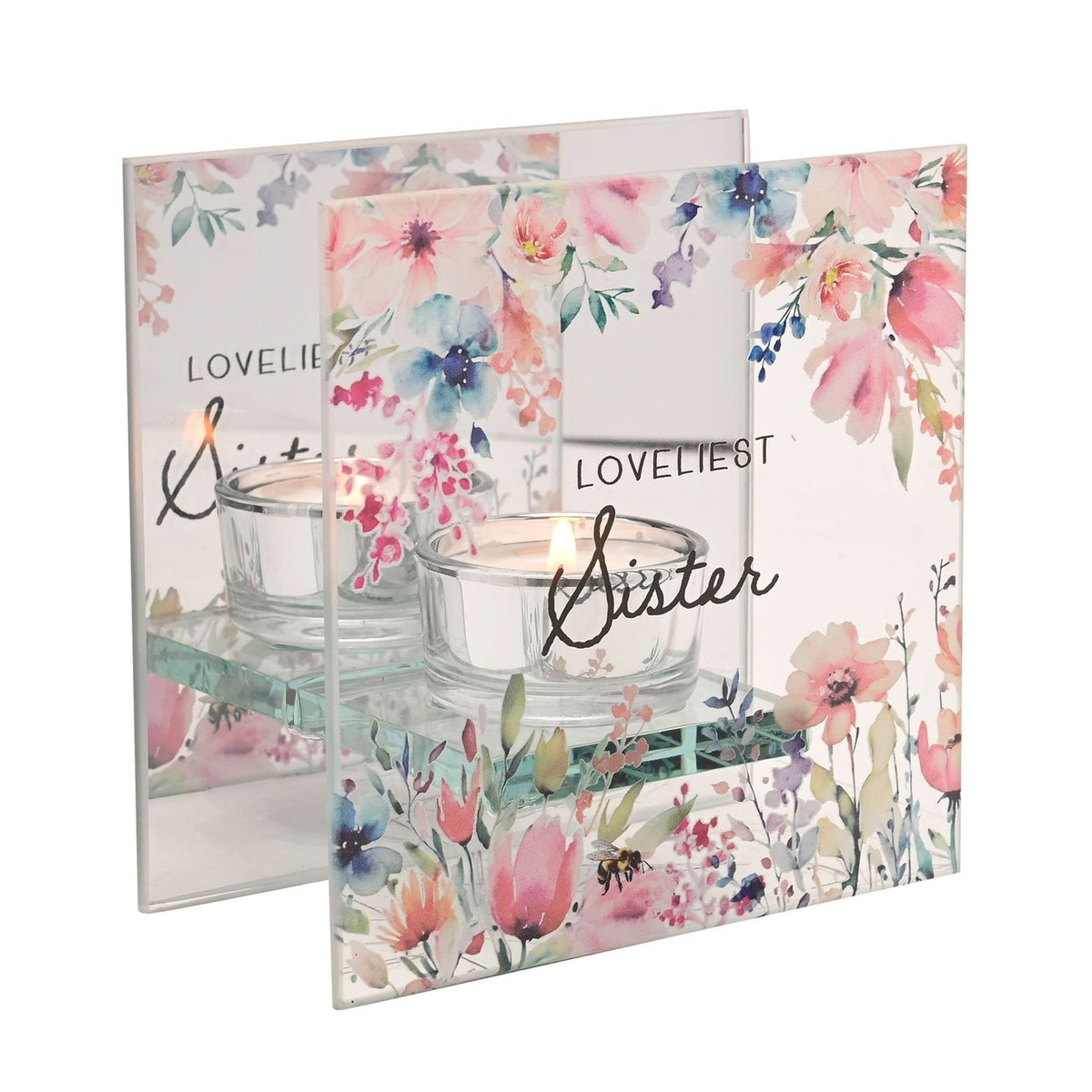 Loveliest Sister Floral Glass Tealight Candle Holder - Clear