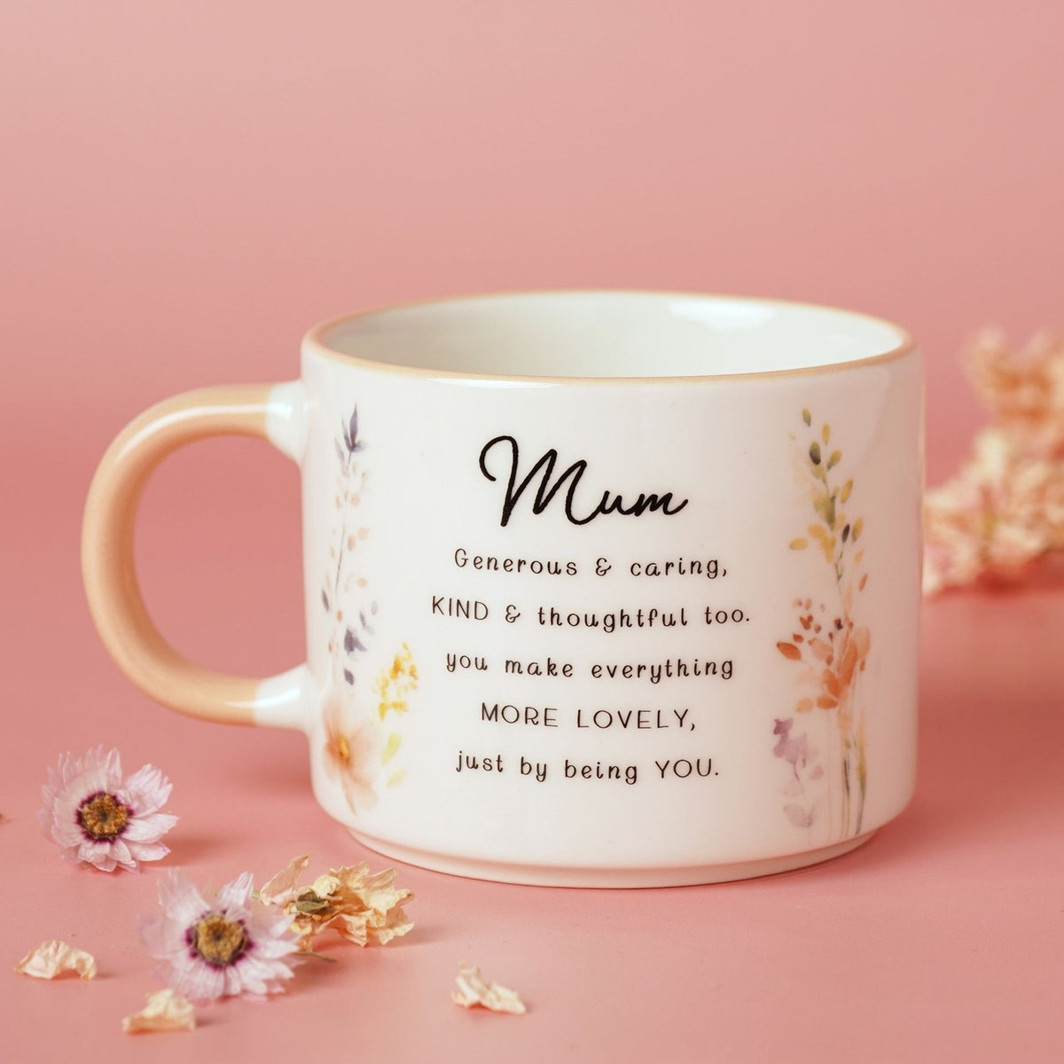 Mum Wildflower Stoneware Mug with Peach Handle 300ml - White
