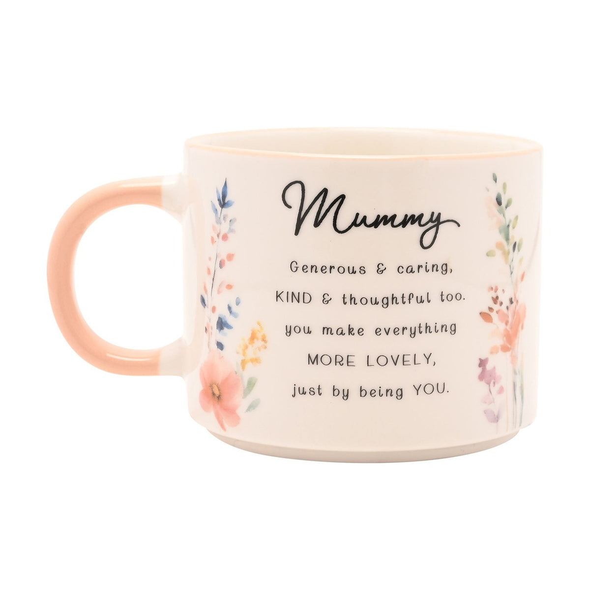 Mummy Floral Stoneware Mug with Peach Handle 300ml - White