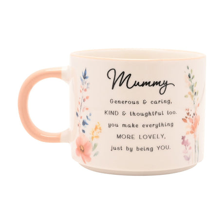 White stoneware mug with peach handle, printed "Mummy" script and verse, watercolour wildflowers in peach, coral, blue and yellow, on a plain white background.