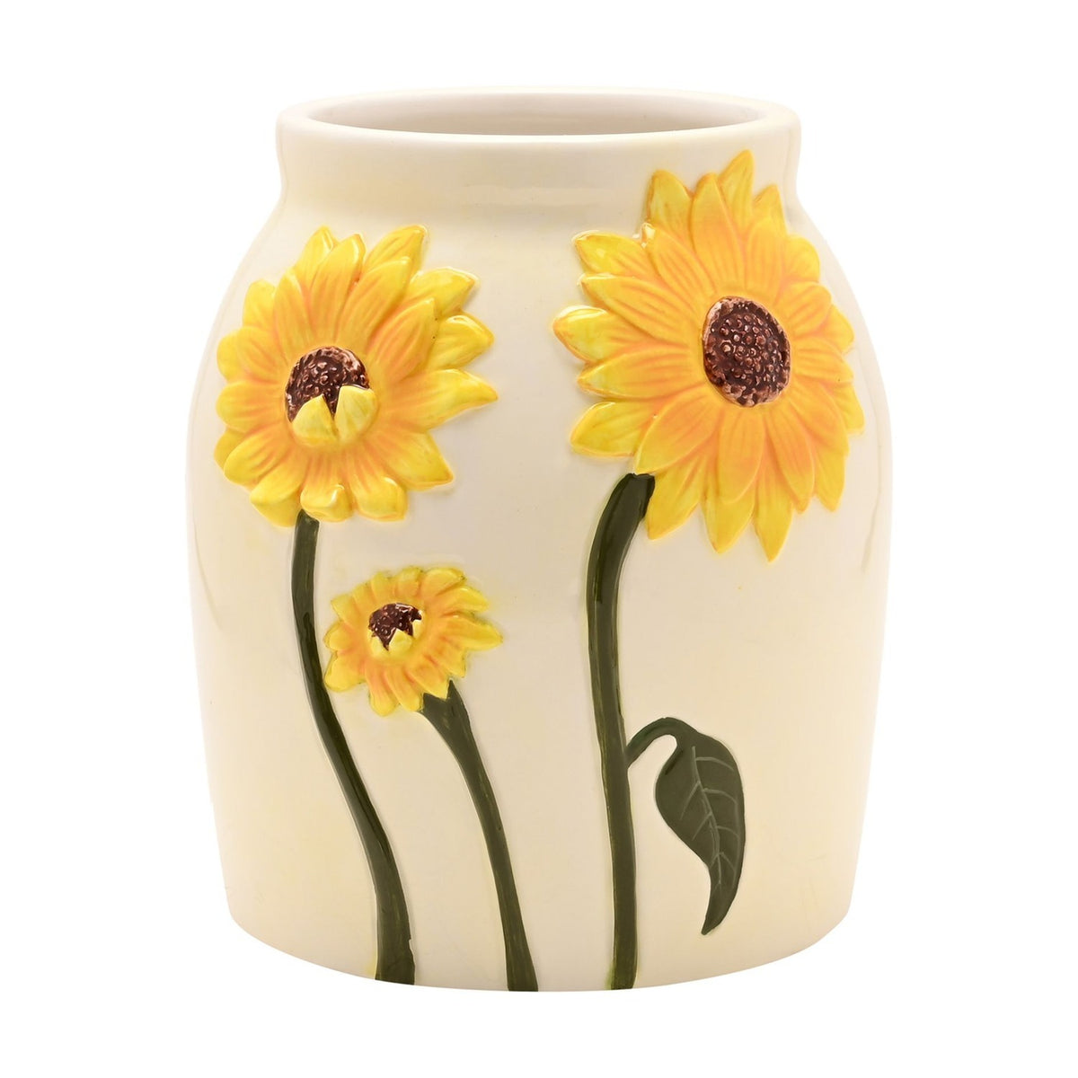 Handpainted Raised Sunflower Round Ceramic Vase - White
