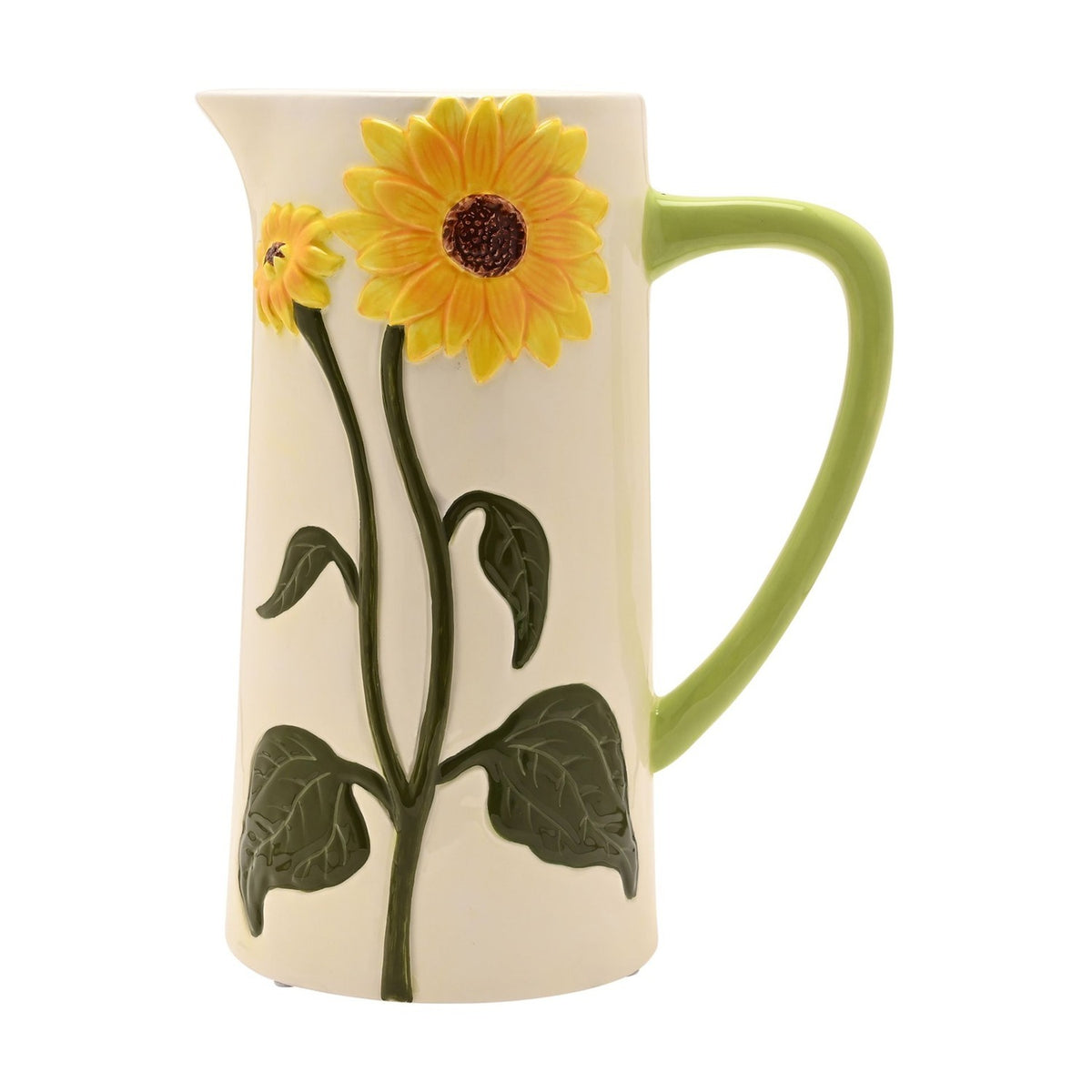 Handpainted Sunflower Ceramic Jug with Green Handle - White