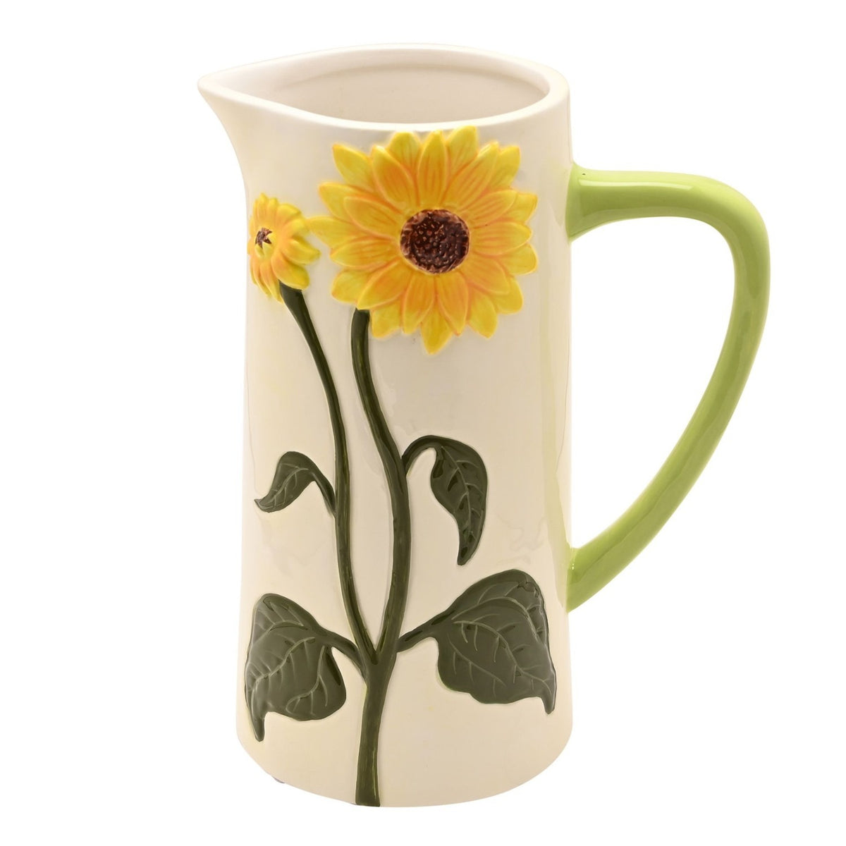 Handpainted Sunflower Ceramic Jug with Green Handle - White