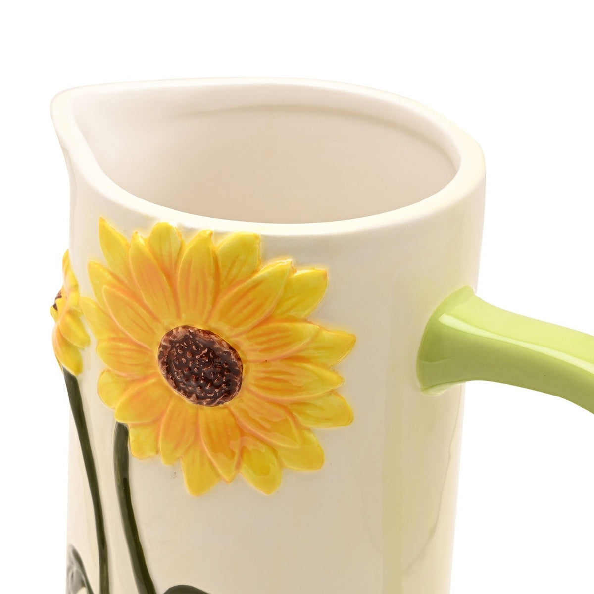 Handpainted Sunflower Ceramic Jug with Green Handle - White