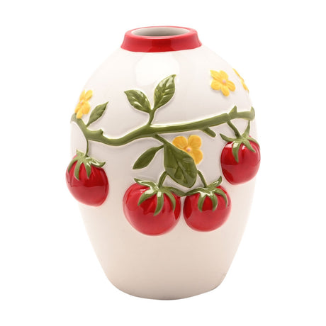 Large white ceramic vase with a red-rimmed opening, featuring an embossed tomato vine design with red tomatoes, green leaves, and yellow flowers, shown on a plain background.