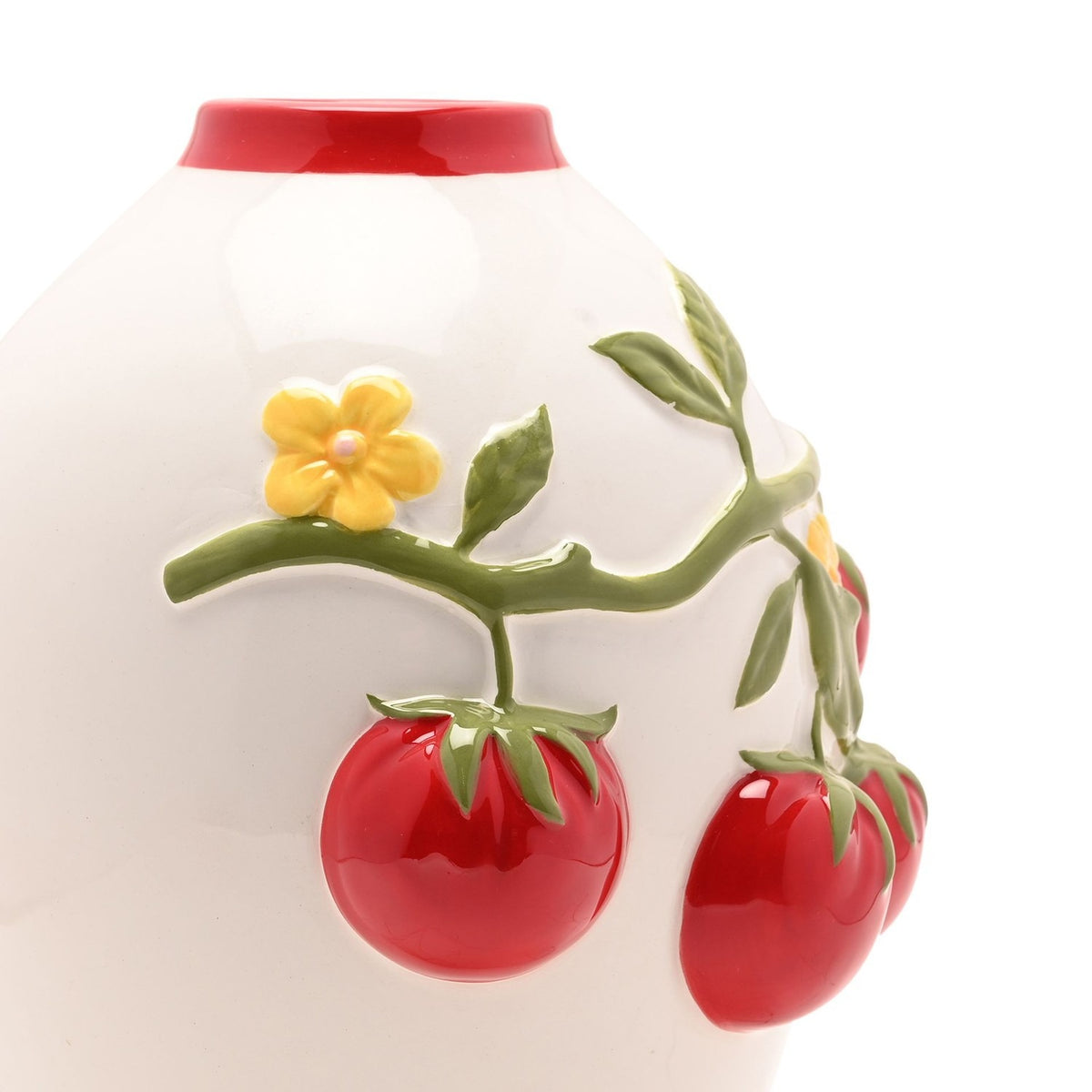 Large Handpainted Embossed Tomato Vine Ceramic Vase - White