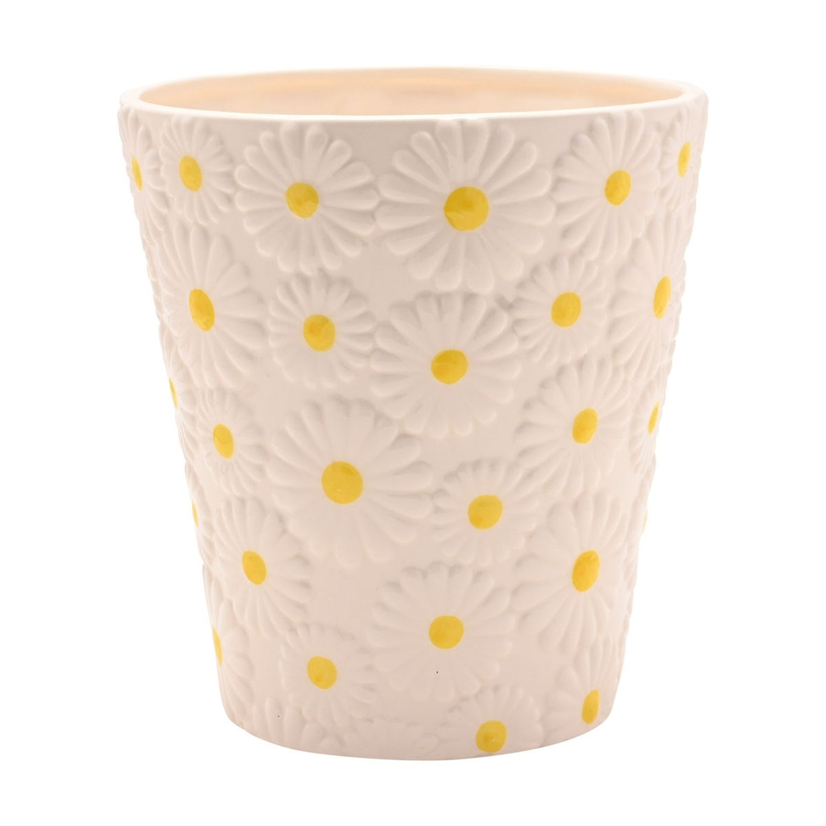 Embossed Daisy Ceramic Planter with Yellow Centres - White