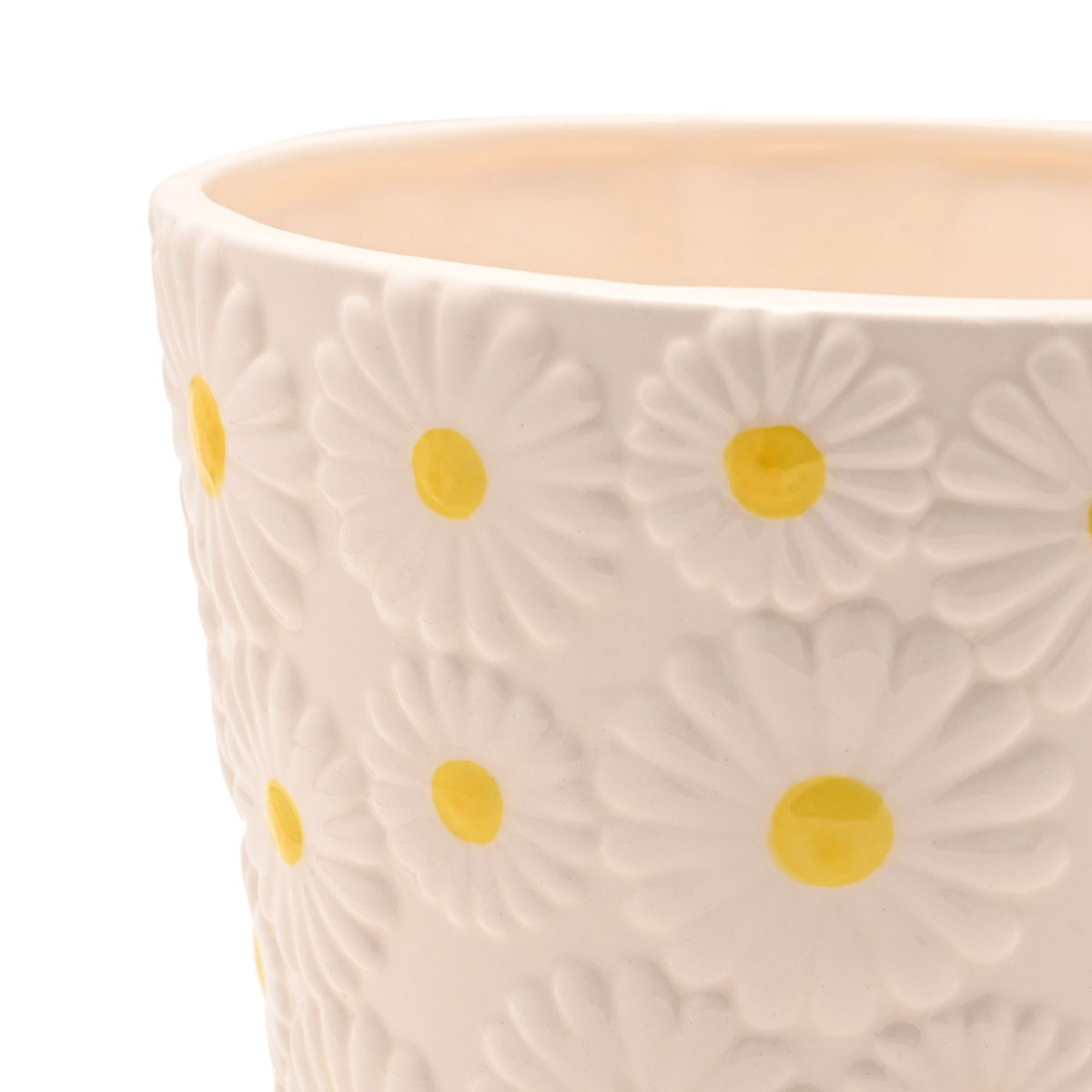 Embossed Daisy Ceramic Planter with Yellow Centres - White