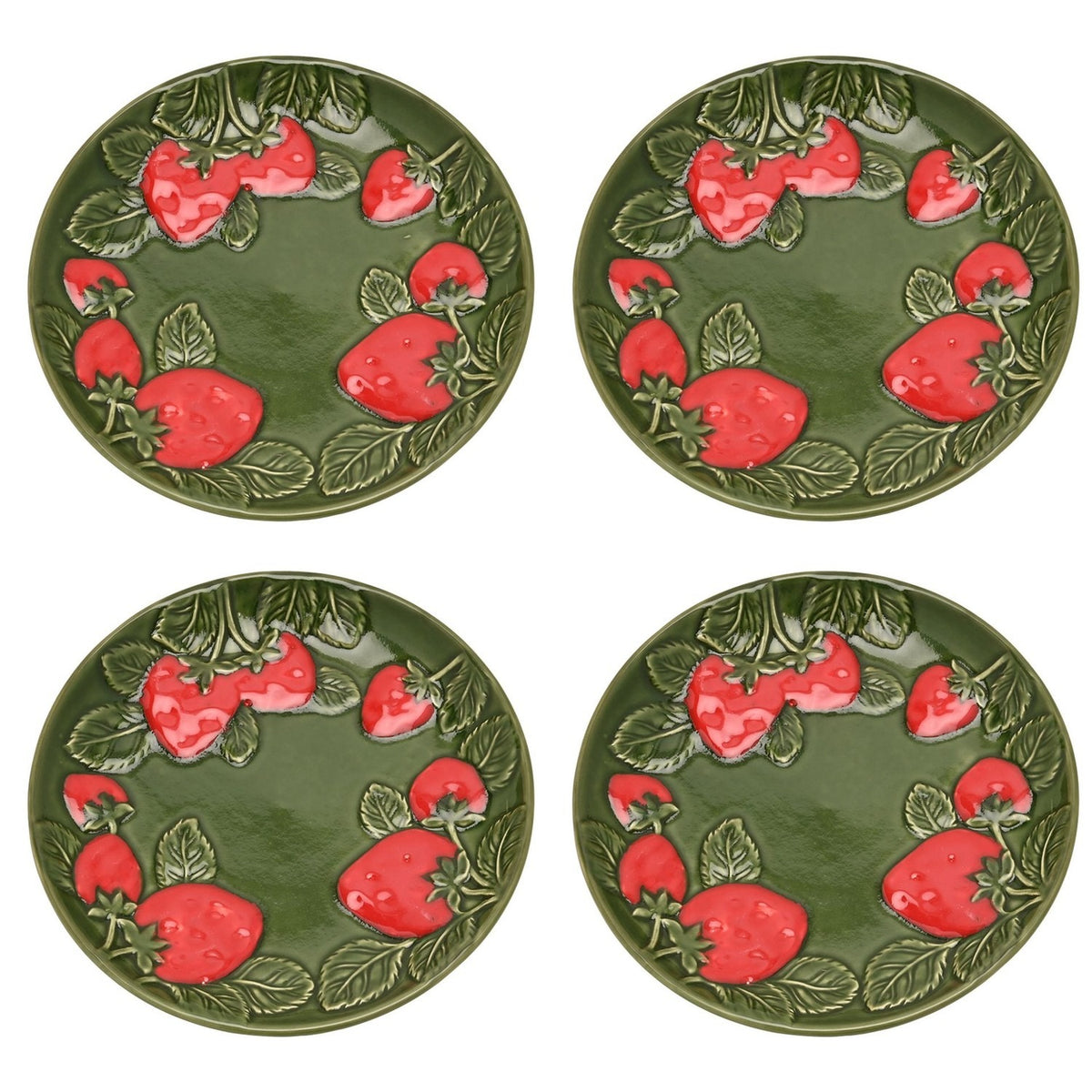Round Raised Strawberry & Leaves Ceramic Side Plate - Green