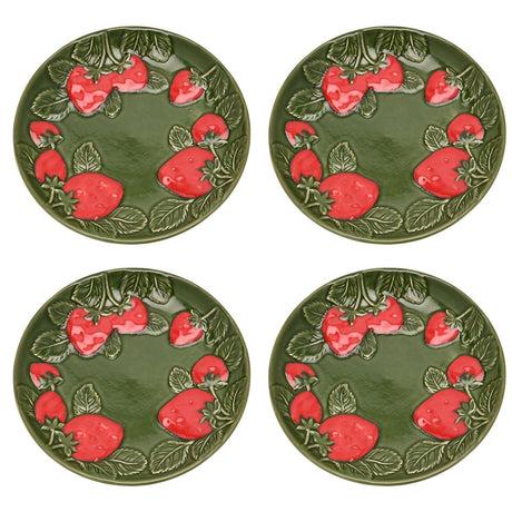 Set of four round ceramic side plates in green, each with a raised strawberry and leaves design in red around the rim and a plain glazed centre.